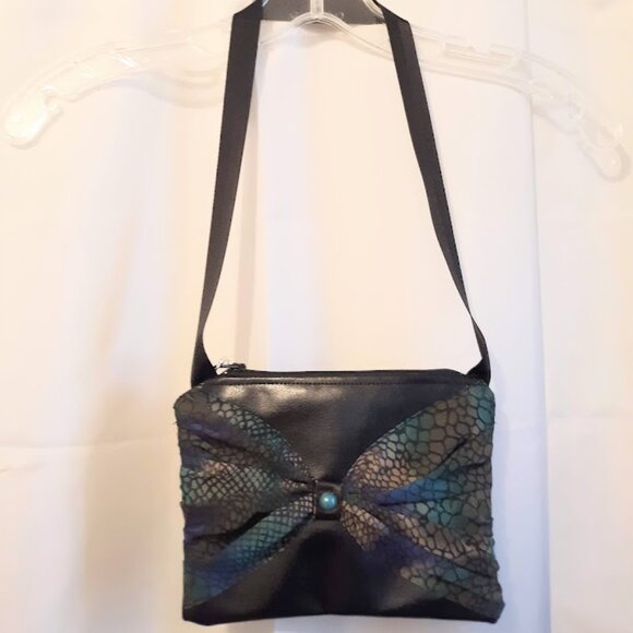 NEW Little Black vinyl Bow Bag Jewel tone snakeskin print chiffon accent Evening - Picture 2 of 7
